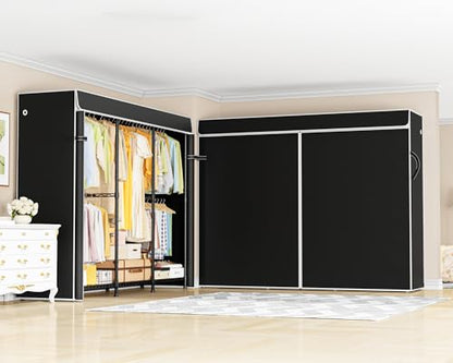 E14C Pro Heavy Duty Closet Organizer System，Freestanding Clothing Racks for Hanging Clothes，Adjustable Garment Rack 69" W × 16" D × 77" H Hold 960 lbs，Black Rack with Black Dustproof Cover