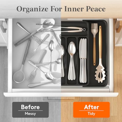 Adjustable Silverware Drawer Organizer, Expandable... (Black | Plastic)