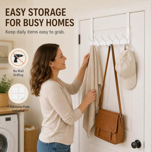 2 Pack Over The Door Hooks, Sturdy Door Hanger, Large Over The Door Towel Rack with 12 Hooks, Heavy Duty Easy to Install, for Bathroom, Bedroom，Kitchen，Hanging Towels, Coats (White)