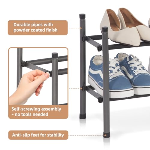 STORAGE MANIAC Expandable Shoe Rack for Closet, 8 Pairs Stackable Small Shoe Rack, Metal Adjustable Shoes Organizer for Entryway, Hallway, Garage, Front Door, Shoes Shelves, Black 2 Tier