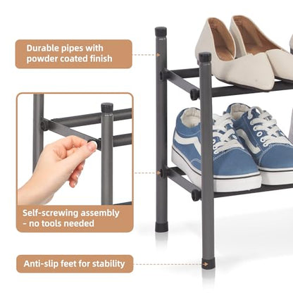 STORAGE MANIAC Expandable Shoe Rack for Closet, 8 Pairs Stackable Small Shoe Rack, Metal Adjustable Shoes Organizer for Entryway, Hallway, Garage, Front Door, Shoes Shelves, Black 2 Tier