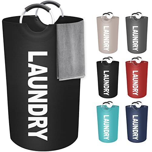 90L Large Laundry Basket, Dirty Clothes Waterproof Laundry Hamper, Black | Collapsible Laundry Basket with Foam Protected Aluminum Handles for Laundry Dorm Family, Black Dirty Clothes Hamper
