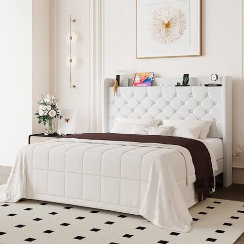 Allewie Queen Size Bed Frame, Storage Headboard with Charging Station, Wingback Velvet Upholstered, Diamond Stitched Button Tufted, Sturdy Wooden Slats, No Box Spring Needed, Easy Assembly, White