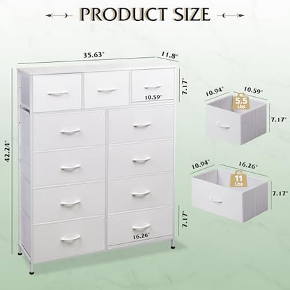 WLIVE Tall Dresser for Bedroom, 11 Drawer Chest of Drawers, White | 11 fabric storage drawers, Tall high-capacity design, Bedroom or dorm use, Sturdy steel frame, Smooth wood tabletop