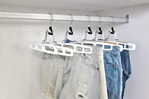 Quality Hangers 10 Pack Premium Skirt Hangers - Thin Space Saving Pant Hangers Set with Clamp, Shorts Hangers with Heavy Duty Locking Clasp, Multipurpose Jean Hangers Set - White