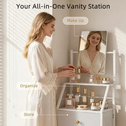 Vanity Dresser with Adjustable Mirror & 4 Drawers, White, 15.3" W | 3-Way Adjustable Mirror, 2-Tier Shelves, Steel Frame, 11-Inch Deep for Bedrooms, Dorms and Small Spaces