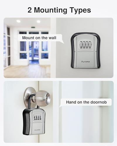 Puroma Key Lock Box Outdoor 4 Digit Code Combination Lockbox House, 1 Gray | For Contractors Guest Realtor Storage Keys, Portable, Home Wall Mount, Resettable, Combination, Weatherproof, High-capacity