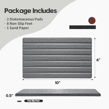 2PCS Water Absorbing Stone Drying Tray Mat for Bathroom Sink & Kitchen Counter Organizer, Quick Dry Dish Soap Dispenser Sponge Holder, Vanity Sink Caddy, Coaster, Dark Gray - 10" x 6"