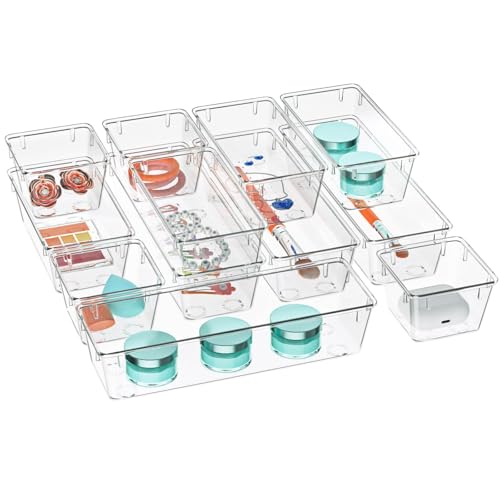 12 Pack Clear Drawer Organizer Set, Drawer Storage Trays, Storage Bins | Acrylic Drawer Storage Trays, Storage Bins for Makeup, Cosmetics, Jewelries, Utensils, Gadgets, Office