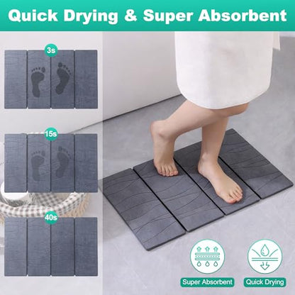 JOYMOOP Foldable Stone Bath Mat, 23.62” x 15.35” Non Slip Bath Mats, Super Absorbent Diatomaceous Earth Mats, Compact and Easy to Store Bath Mats for Bathroom, Dark Grey