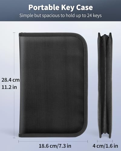 Uniclife 24-Hook Portable Key Organizer, Zippered Key Case for Offices | Waterproof and Fireproof Key Binder with 24 Key Tags Black Key Storage Book for Real Estate Agencies and Rental Management