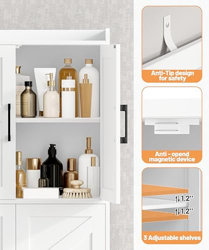 Tall Bathroom Floor Cabinet with 6 Barn Door 60.2''H Pantry White | 11.6''D x 22.6''W Linen Storage Cabinet with Adjustable Shelves, for Kitchen, Living Room, Entryway