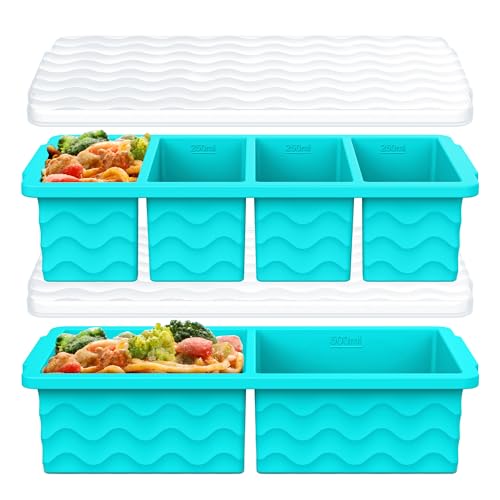 Silicone Freezer Trays with Lid for Soup, 1-Cup & 2-Cup Large Ice Cube Molds Food Storage Containers for Meal Prep, Freeze 500mL/250mL/125mL Portions – 2 Pack