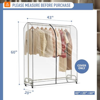 Clear Garment Rack Cover 43" L x 20" W x 60" H, Clothes Rack Cover with Reinforced Zipper, Waterproof PEVA Dustproof Protection – Cover Only, Rack Not Included