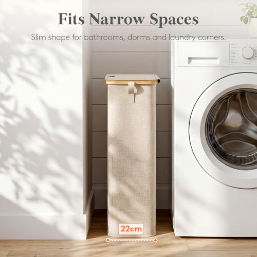 Lifewit 65L Slim Laundry Hamper with Lid, Narrow Laundry Basket with Removable Bag & Bamboo Handles, Fodable Thin Dirty Clothes Hamper for Laundry Collapsible Bin for Bathroom Bedroom Dorm, Beige