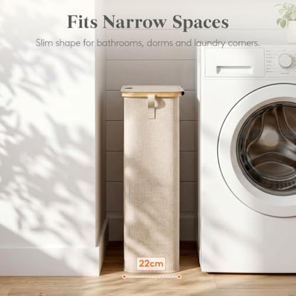Lifewit 65L Slim Laundry Hamper with Lid, Narrow Laundry Basket with Removable Bag & Bamboo Handles, Fodable Thin Dirty Clothes Hamper for Laundry Collapsible Bin for Bathroom Bedroom Dorm, Beige