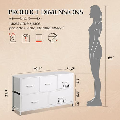 WLIVE Wide Dresser for Bedroom, 5 Drawer Chest of Drawers, White | 5 roomy fabric drawers, Wide storage design, Bedroom or closet use, Sturdy steel frame, Smooth wood tabletop