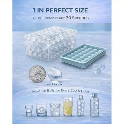 Ice Cube Tray with Lid and Bin, 1" Round Ice Trays for Freezer | 2 Blue Ice Cube Trays with Ice Box & Tong, 1" Round Ice Balls for Iced Coffee & Juice, Easy Twist Release, For Gatherings