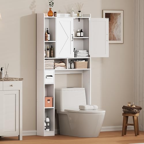 Over the Toilet Storage Cabinet, 31”W Bathroom Organizer | With Double Doors, Above Toilet Rack, Detachable Toilet Paper Holder for Bathroom & Laundry Room White