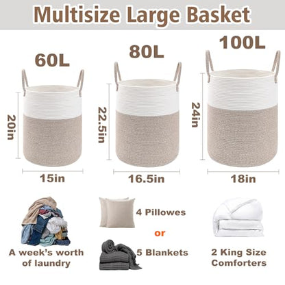 60L Cotton Rope Laundry Basket Hamper, Brown | Collapsible Laundry Basket, Reinforced Handles, Freestanding, Machine Washable, Holds 3-5 Thick Blankets, Clothes or Toys