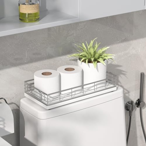Toilet Paper Basket, 13 Inch Bathroom Toilet Tank Basket with Handles White | Bathroom Basket, Back of Toilet Basket, Toilet Tank Tray, Toilet Organizer for Toilet Paper Storage, Toiletries & Essentials