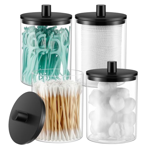 Glass Qtip Holder Dispenser - 10 oz Clear Canister Apothecary Jar, Bathroom Vanity Storage Organizer Set for Cotton Swabs, Pads, Floss Picks, Small Containers for Makeup Storage (4 Pack, Black)
