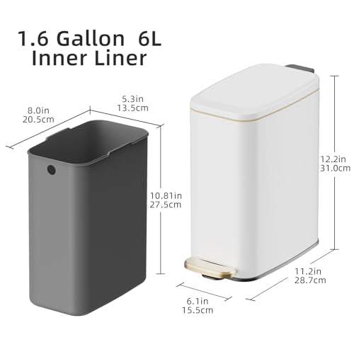 KUK Slim Bathroom Trash Can with Lid, 1.6 Gal / 6L Stainless Steel Small Garbage Bin with Detachable Inner Bucket, Step Pedal, Silent Close, Wastebasket for Toilet, Bedroom, Home, Office (White)