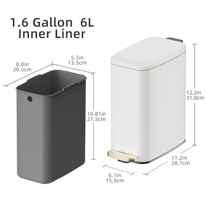 KUK Slim Bathroom Trash Can with Lid, 1.6 Gal / 6L Stainless Steel Small Garbage Bin with Detachable Inner Bucket, Step Pedal, Silent Close, Wastebasket for Toilet, Bedroom, Home, Office (White)