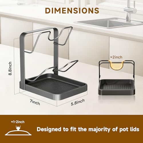 2-Tier Pot Lid Holder with Detachable Drip Tray, Kitchen Organizer | Two-tier countertop rack stores pot lids, pan covers, cutting boards, and ladles; detachable tray helps collect drips.