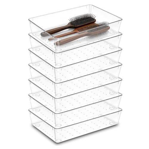 7Pack 6"*9" Clear Drawer Organizers for Makeup, Vanity, Office | Acrylic Organizer Trays for Bathroom, Nightstand, Junk for Kitchen Drawer, Versatile Plastic Drawer Divider Storage Bins