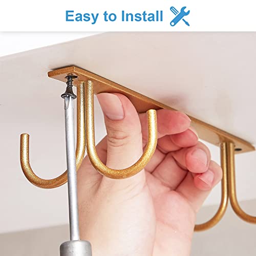 FOMANSH Mug Rack Under Cabinet - Coffee Cup Holder, 12 Mugs Hooks Under Shelf, Display Hanging Cups Drying Hook for Bar Kitchen Utensils Gold