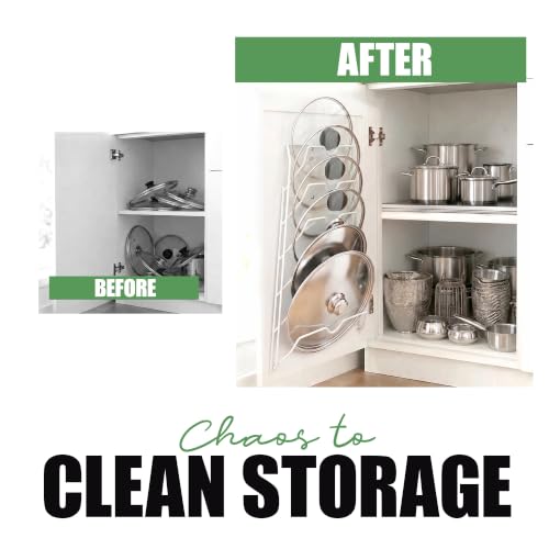 Evelots 6 Pot Lid Organizer for Cabinet Door or Pantry Wall - Closet Door Pots and Pans Lids Holder - Glass or Metal Pan Covers Cabinet Organizer Kitchen Storage - White 6 Tier Lid Rack