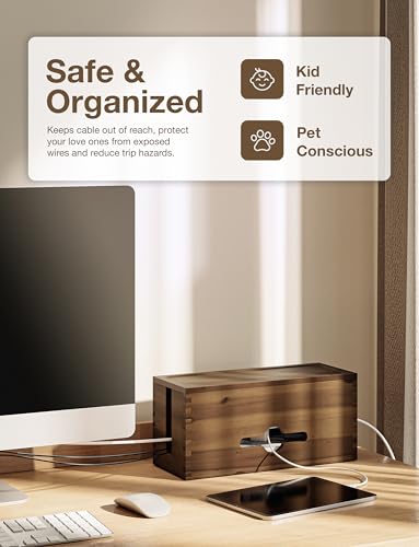 TIDITA Acacia Large Cable Management Box - 15" L Cord Box Hider, Power Strip Box for Office - Cable Hider Box, Surge Protector Box - Wire Box Hider for Desk - 3 Open Slots, Magnetic Lid (Walnut color)