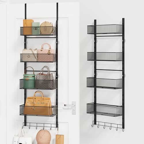 Over the Door Purse Organizer - Wall Mounted Purse Rack with 4 Adjustable Metal Basket and 6 Hooks, Hanging Bag Rack for Handbag Organizer, Bag Storage Can Use As 1/2 Part, for Door