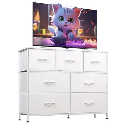 WLIVE Dresser for Bedroom, 7 Drawers, TV Stand, White | 7 roomy fabric drawers, Fits TVs up to 45 inch, Bedroom or living room, Wide storage design, Chest of drawers