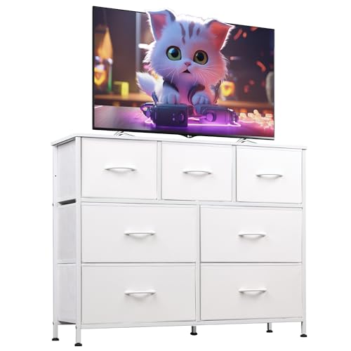 Dresser for Bedroom, 7 Drawers, TV Stand, White (White)