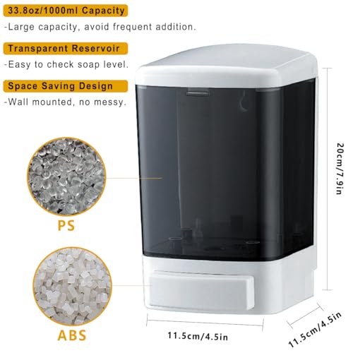 Manual Soap Dispenser Wall Mounted, 33.8oz, Bathroom Kitchen Commercial | Leak-proof Nozzle, Thin & Thick Soap Compatible, Easy to Install & Refill, Soap Level Visibility, Big Capacity, Black