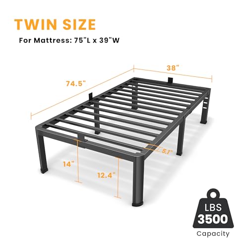 14 Inch Twin Metal Bed Frame with Rounded Leg, Mattress Stopper
