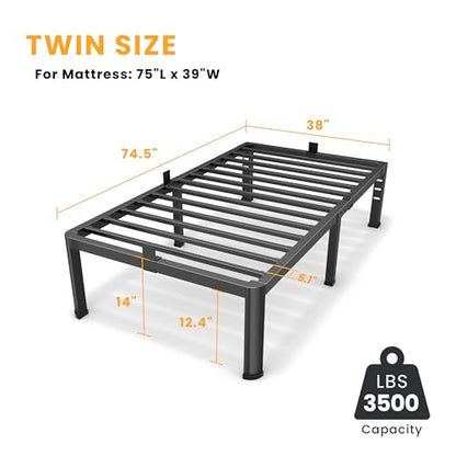 14 Inch Twin Metal Bed Frame with Rounded Leg, Mattress Stopper