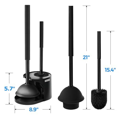 FORASTO 2IN1 Toilet Brush and Plunger Set, 3Pack Extended Handle Combo | Black bathroom accessories, bathroom decor, apartment essentials, home essentials, cleaning supplies, compact floor storage