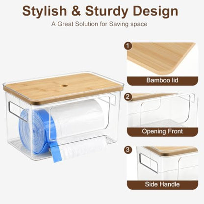 Trash Bag Holder with Bamboo Lid, Stackable Trash bag Dispenser with 2-tier Rack and 4 Plastic Bottles, Extra Large Garbage Bag Holder for Kitchen Laundry Room Under Sink Organization and Storage