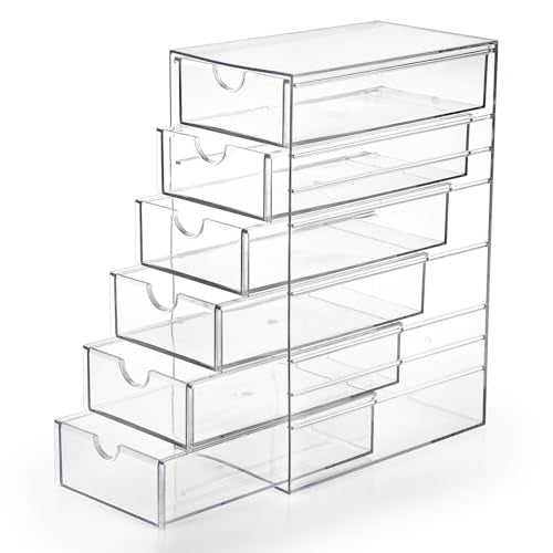 Hipiwe Plastic Drawer Organizer Desktop Storage Box with 6 Pull Out Drawers | Clear Compact Drawers Box for Cabinet Vanity Bathroom Bedroom Pantry Shelf Office Closet Organization