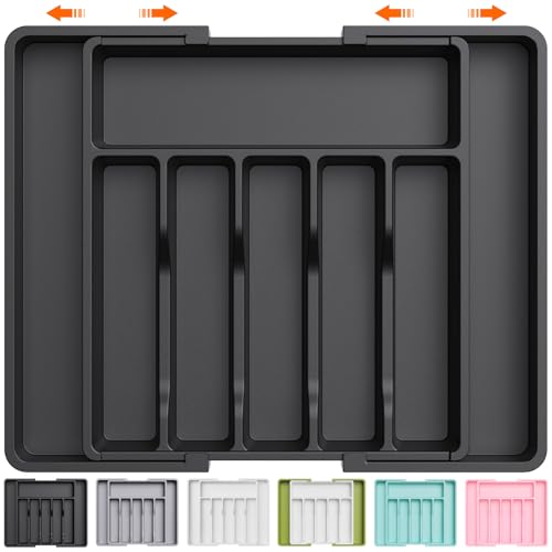 Lifewit Extra Large Silverware Drawer Organizer, Expandable Utensil Tray for Kitchen, BPA Free Flatware and Cutlery Holder, Adjustable Plastic Storage for Spoons Forks Knives, 13-22 x 15, Black