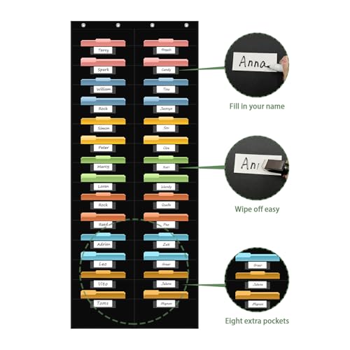ANCOMEDO 28 Pocket Hanging Wall File Organizer with 28 Name tag Pockets, File Storage Pocket Chart for Classroom and Office Use. Keeps Assignments, Files, Scrapbooks, and Papers Neatly Organized.