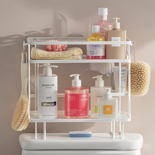 PowerKing Over The Toilet Storage Shelf, 2-Tier Bathroom Organizer, White | No Drill Installation, Rust Resistant Steel, 2 Hanging Hooks, Toilet Paper Holder, Restroom & Bathroom Space Saver