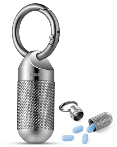 TISUR Titanium Keychain Pill Holder Small Metal Pill Case | Portable Waterproof Pill Container,Travel Pill Bottle Box for Purse