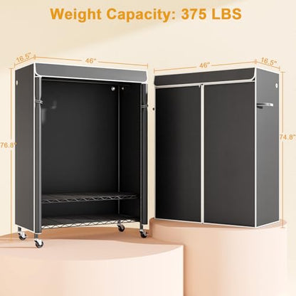 P6C Plus Rolling Clothes Rack with Cover, Covered Clothing Rack | Portable Closets for Hanging Clothes, Heavy Duty Garment Rack on Wheels, Black Closet Rack with Black Cover, Max Load 375LBS