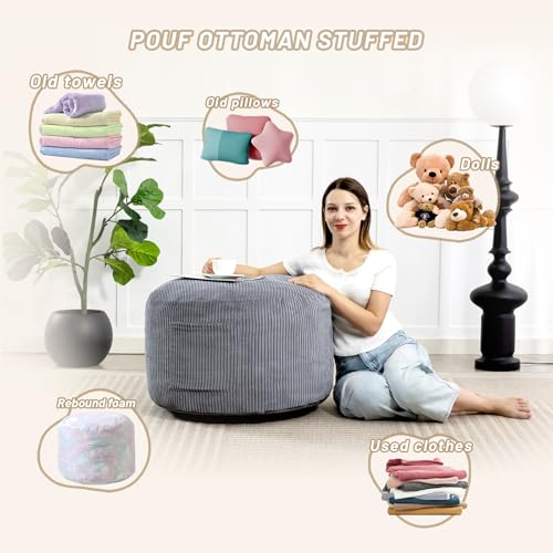 Round Stuffed Pouf Ottoman (Gray, 20" D x 20" W x 15" H) | Corduroy Foot Rest with Rebound Foam Filling, Furry and Fluffy Foot Stool Ottoman, Floor Poufs for Living Room