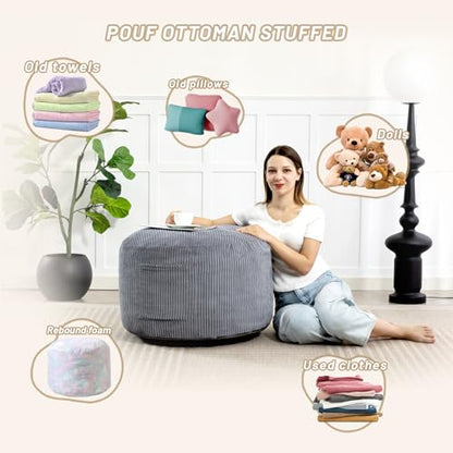 Round Stuffed Pouf Ottoman (Gray, 20" D x 20" W x 15" H) | Corduroy Foot Rest with Rebound Foam Filling, Furry and Fluffy Foot Stool Ottoman, Floor Poufs for Living Room