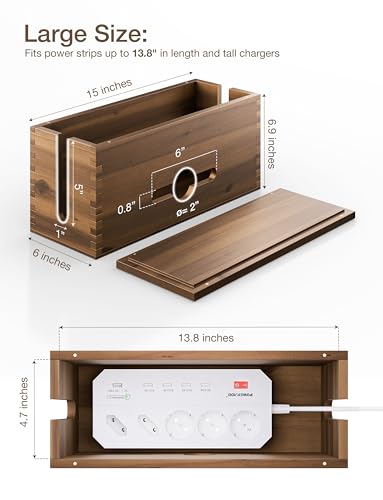 TIDITA Acacia Large Cable Management Box - 15" L Cord Box Hider, Power Strip Box for Office - Cable Hider Box, Surge Protector Box - Wire Box Hider for Desk - 3 Open Slots, Magnetic Lid (Walnut color)